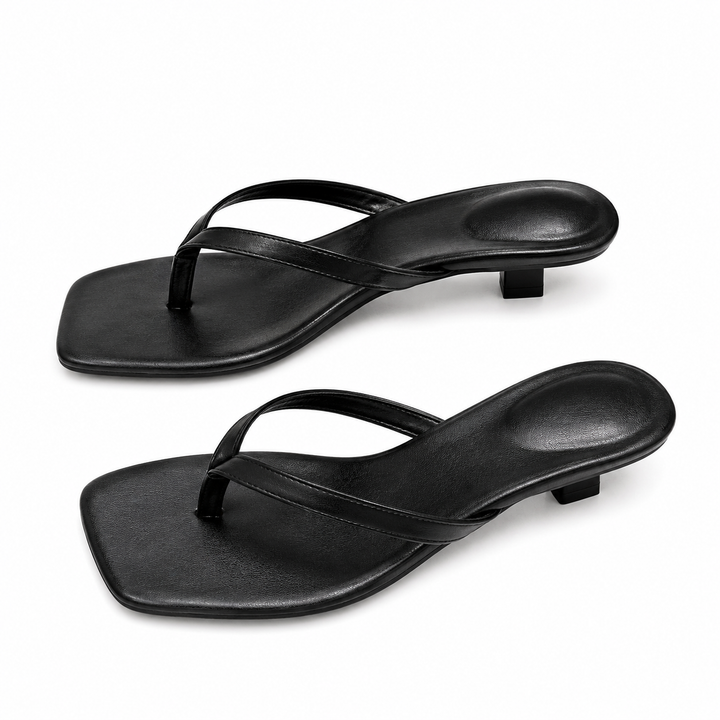 Sleek Square-Toe Kitten Heel Sandals - Mocha