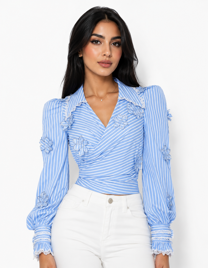 Striped Floral Puff-Sleeve Blouse – Azure
