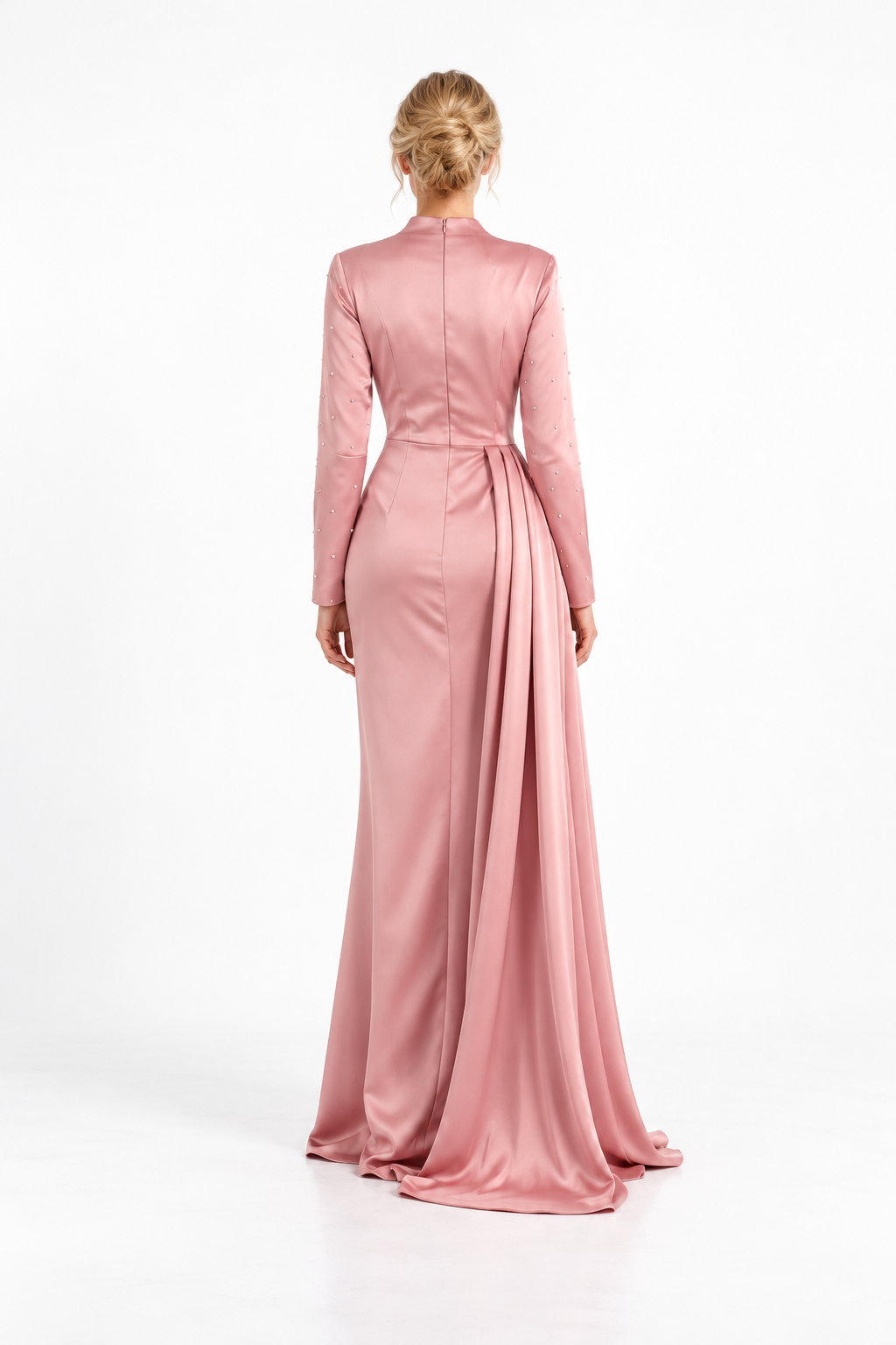 Ruched Satin Long Sleeve Evening Gown - Rosavelle