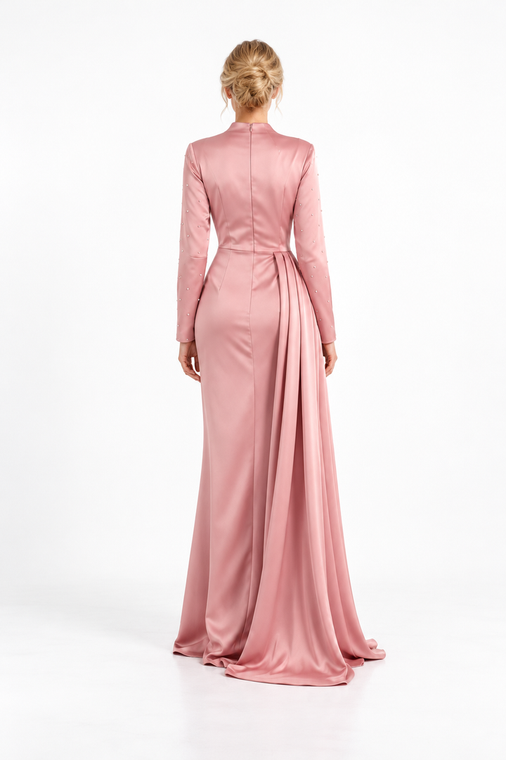 Ruched Satin Long Sleeve Evening Gown - Rosavelle