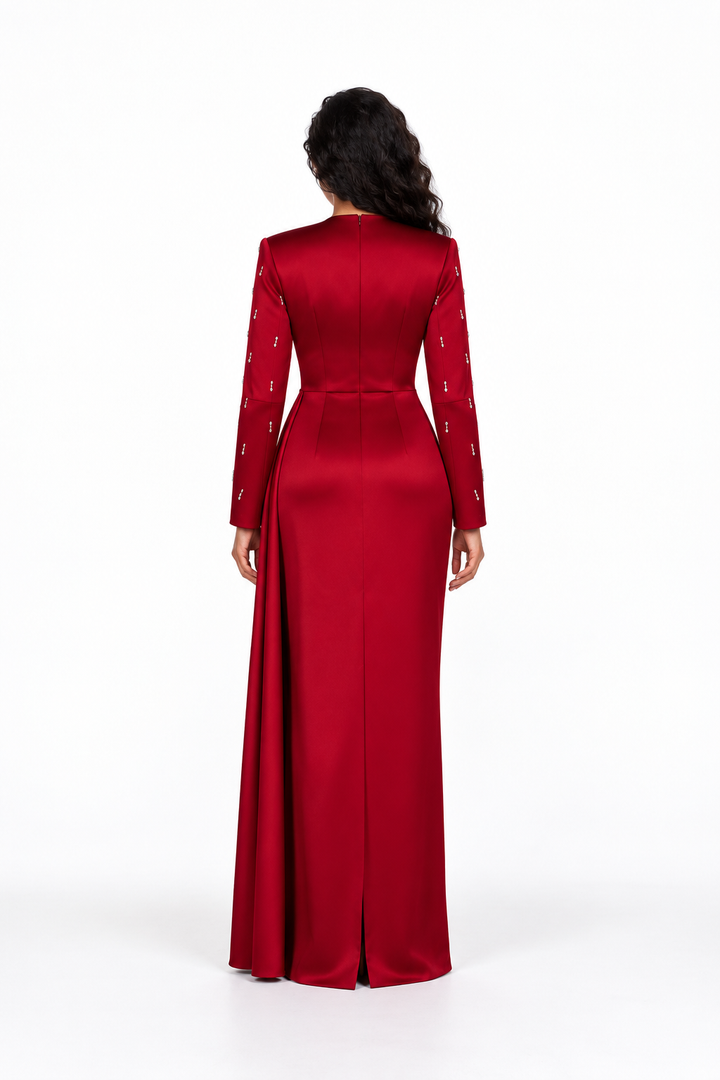 Ruched Satin Draped Sleeve Evening Gown - Crimson
