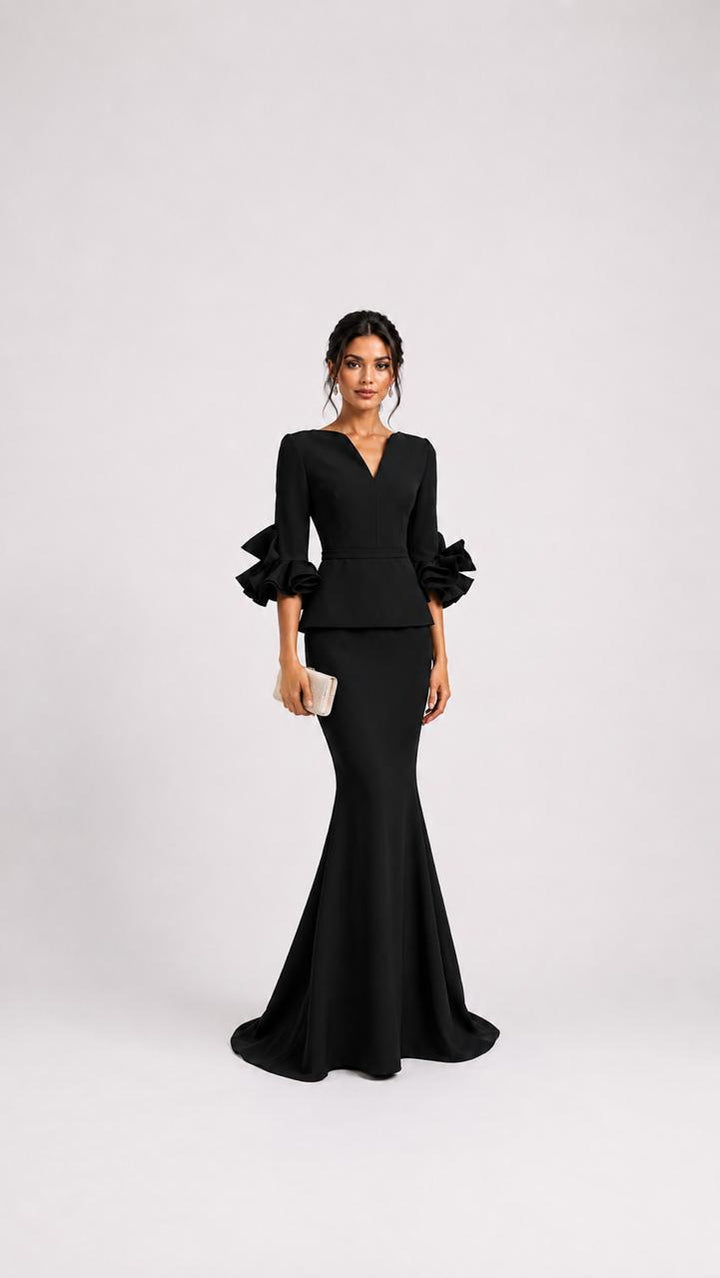 Black Ruffle Sleeve Peplum Mermaid Dress – VELMORA