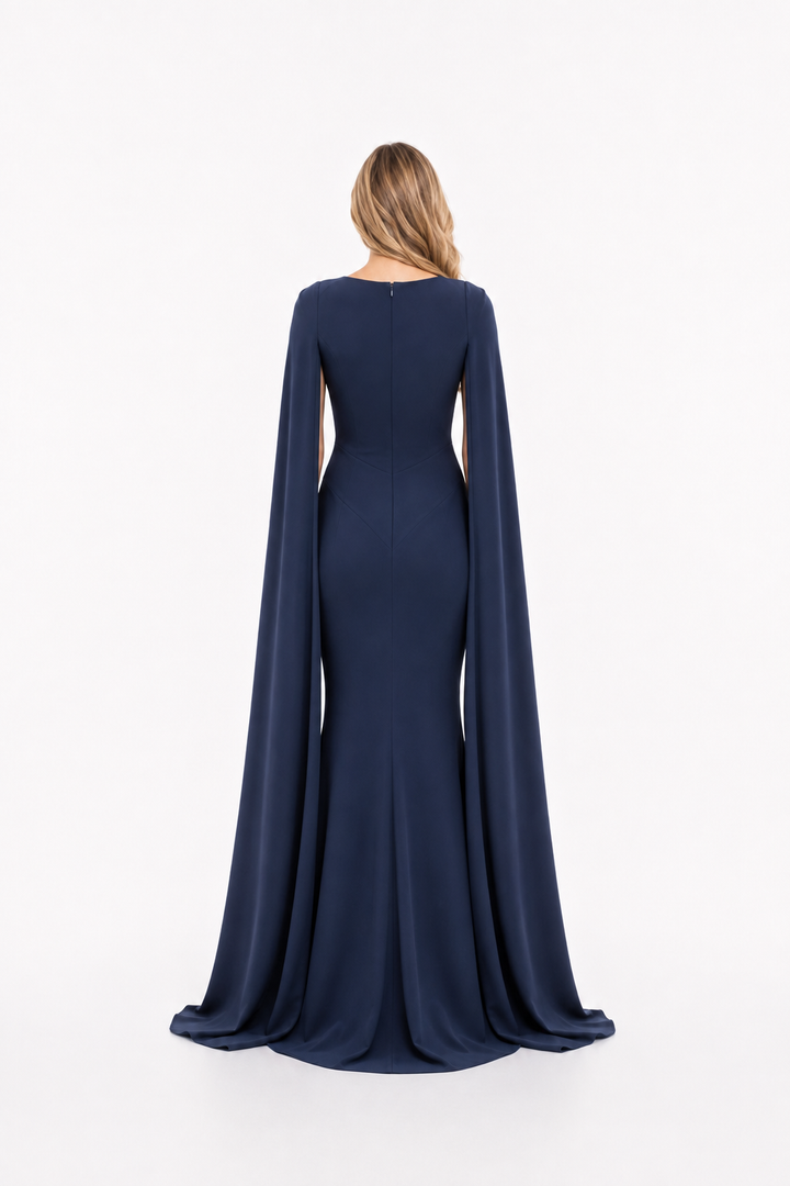 Navy Crystal Bow Cape Mermaid Gown – ROYALE