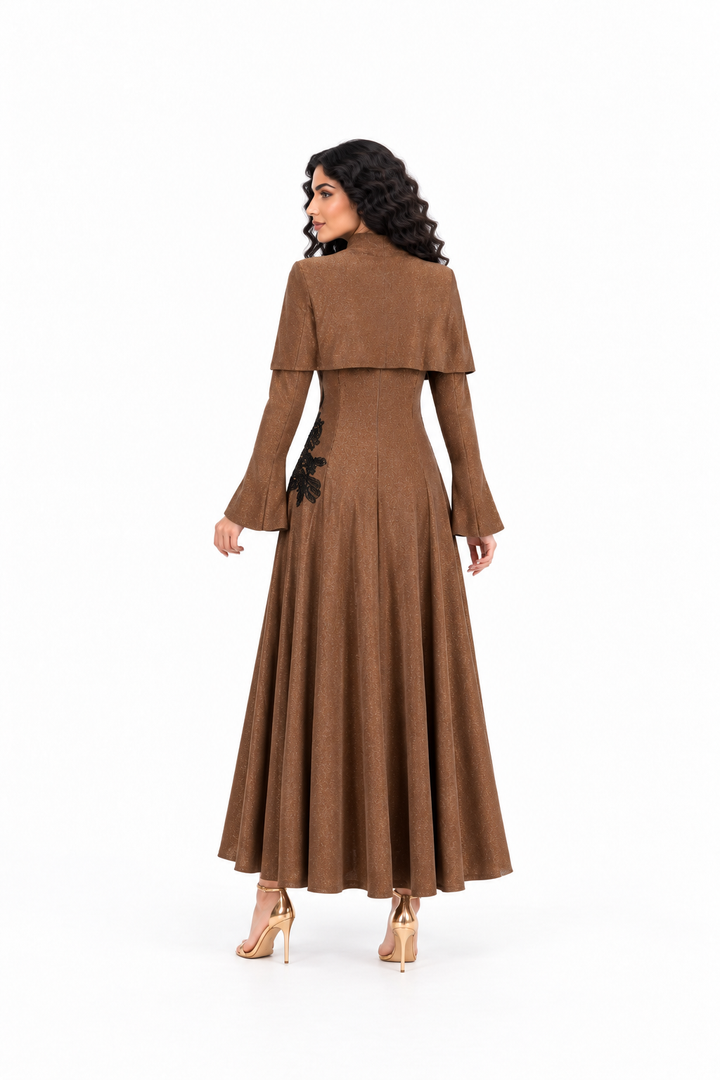 Embroidered Cape Overlay Midi Dress - Mochaire
