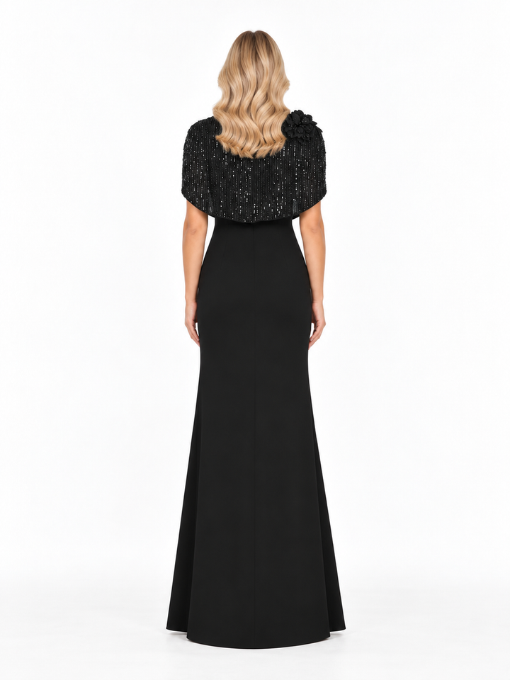 Embellished Cape Shoulder Column Maxi Dress – Lucienne