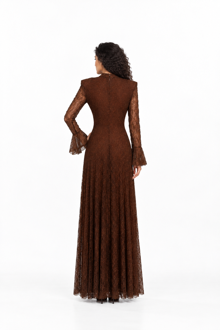 Shimmer Lace High-Neck Evening Gown - Brunelle