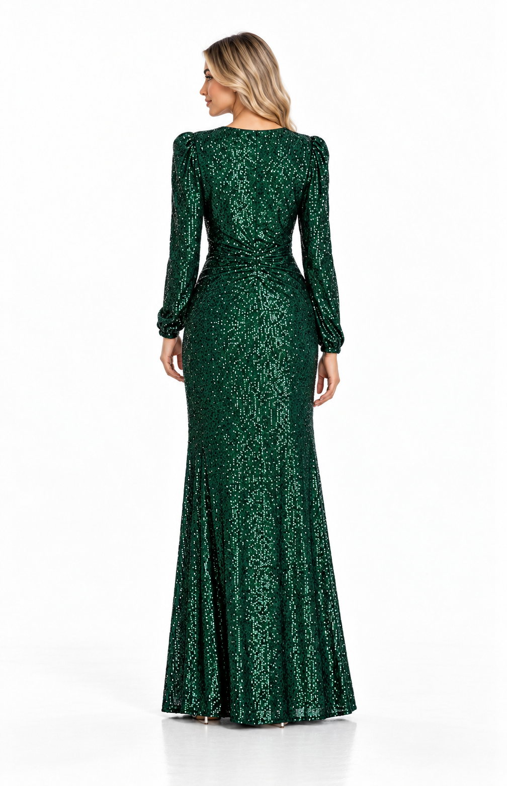 Sequin Wrap Long Sleeve Evening Gown - Viridian