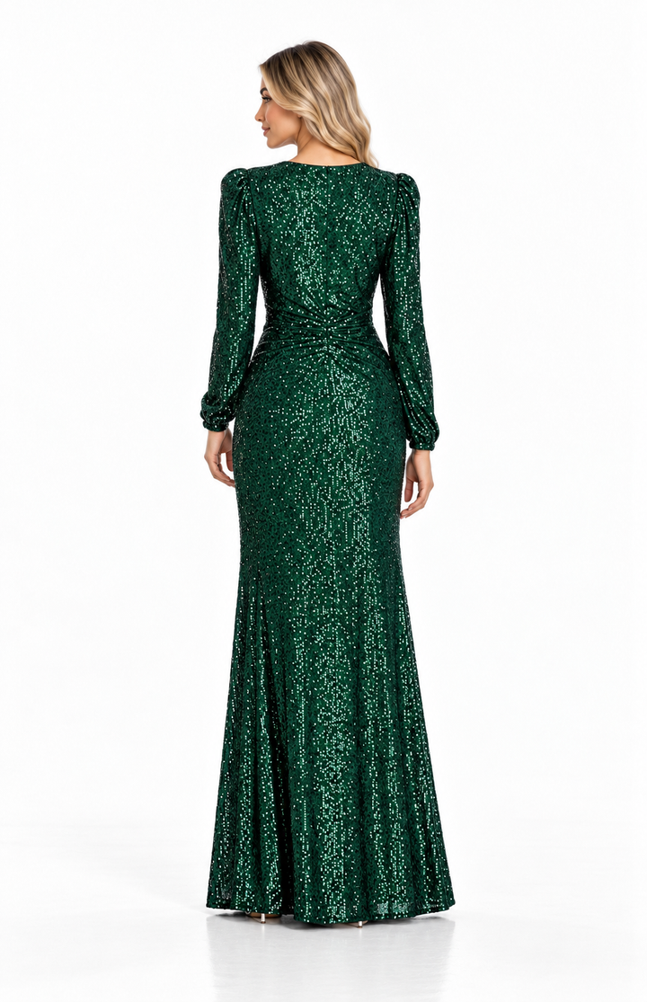 Sequin Wrap Long Sleeve Evening Gown - Viridian