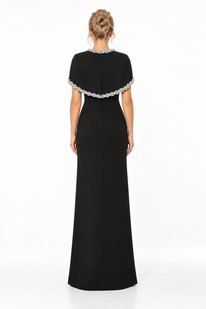 Embellished Cape Neck Column Maxi Dress – Celestine
