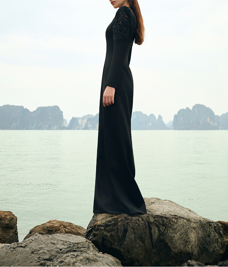 embellished shoulder gown with plunging neckline – NOCTURNE