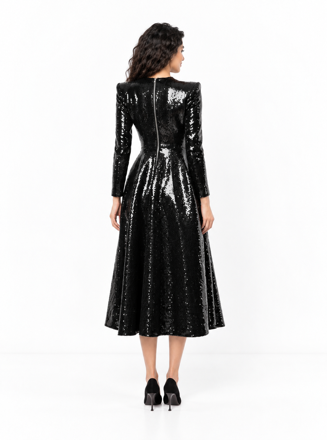 Sequin Ruffle Waist Midi Dress - Onyxia