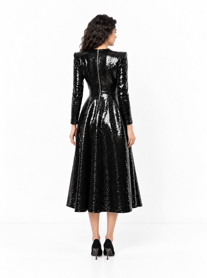 Sequin Ruffle Waist Midi Dress - Onyxia