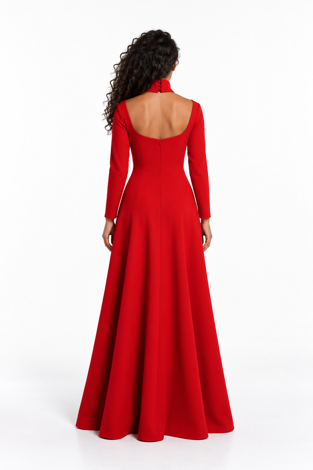 High-Neck Long Sleeve A-Line Evening Gown - Scarlet