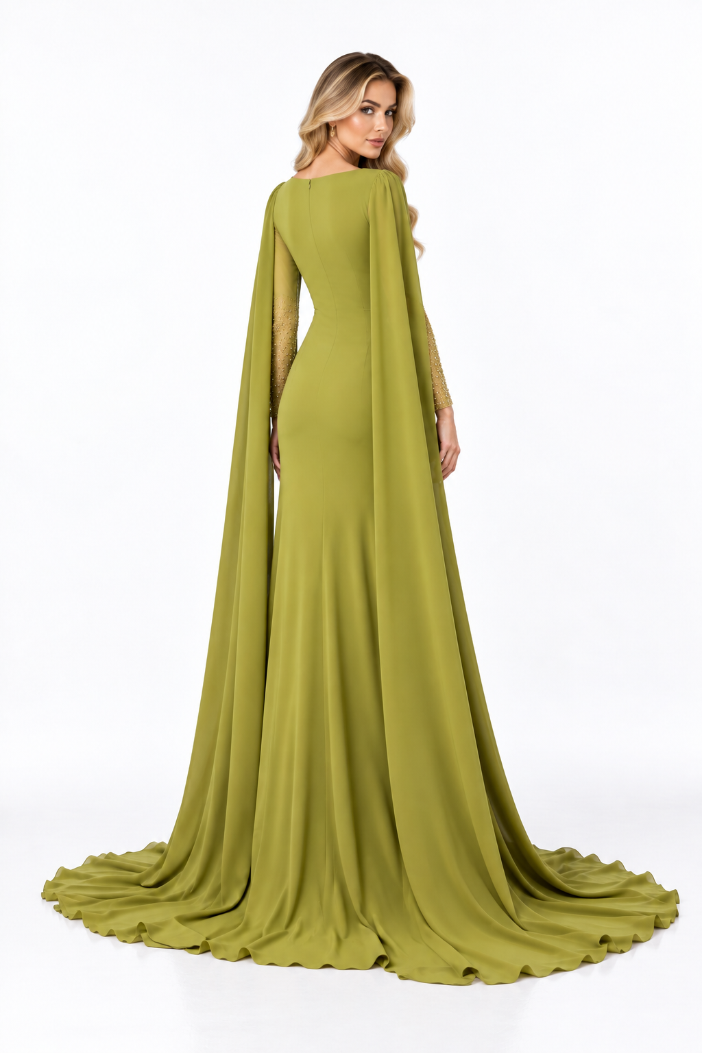 Draped Cape Sleeve Evening - Olive