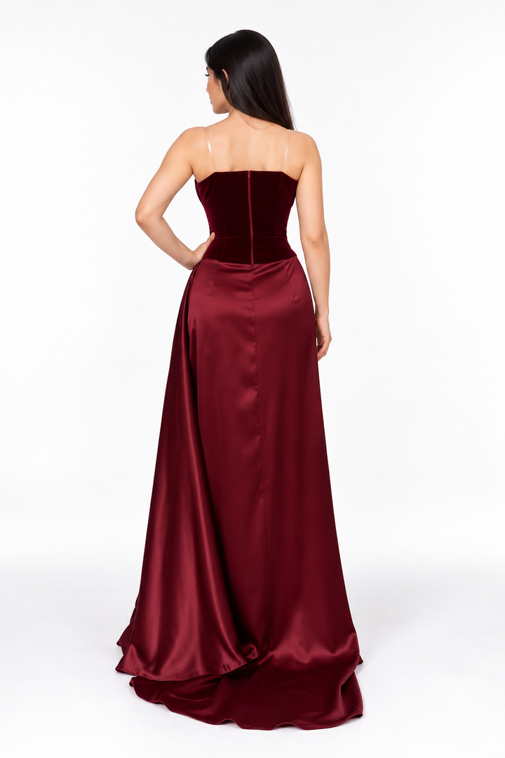 Velvet Draped Strapless Evening - Merlotique