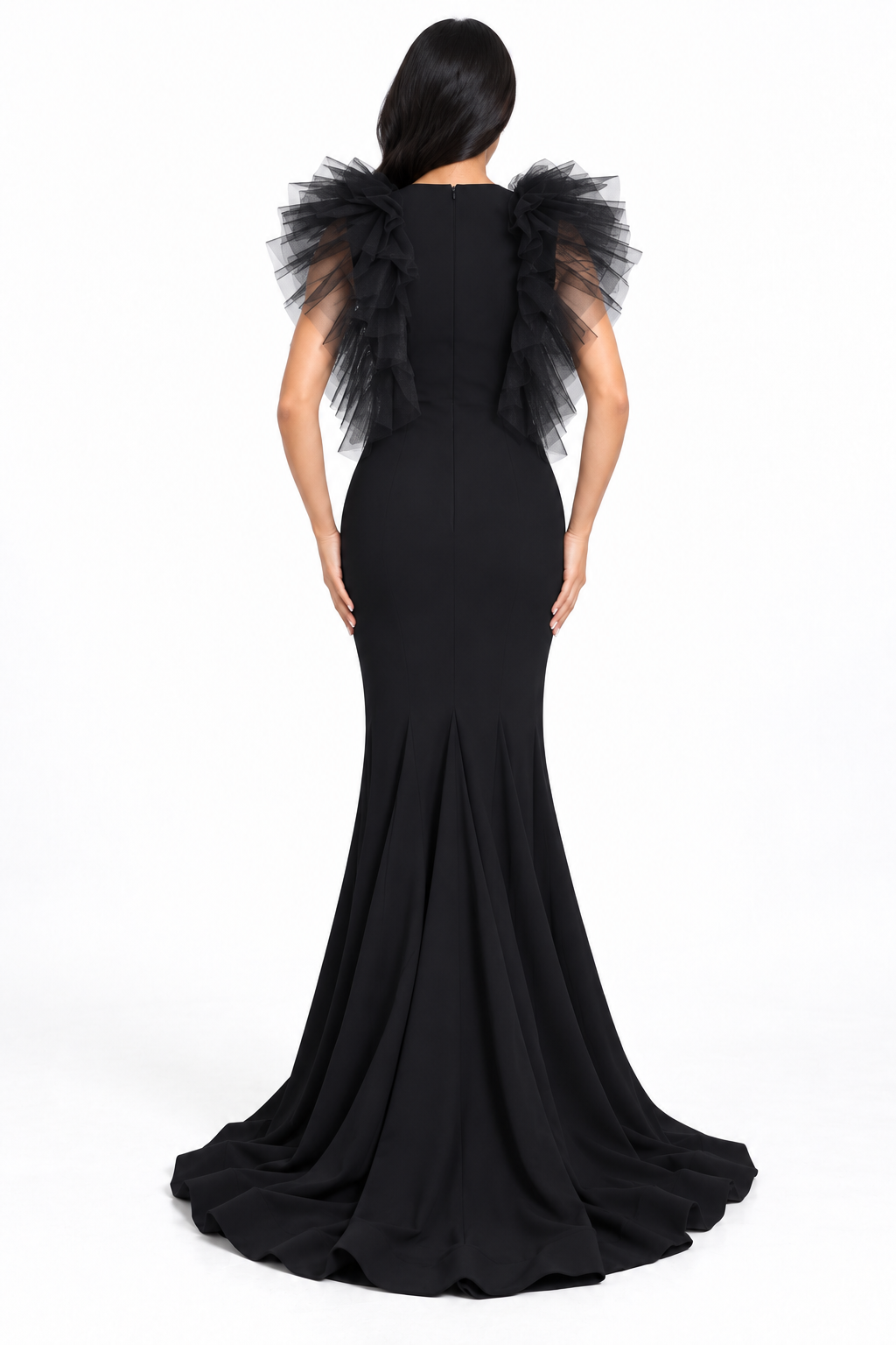 Ruffled Tulle Shoulder Fishtail Maxi Dress – Virella