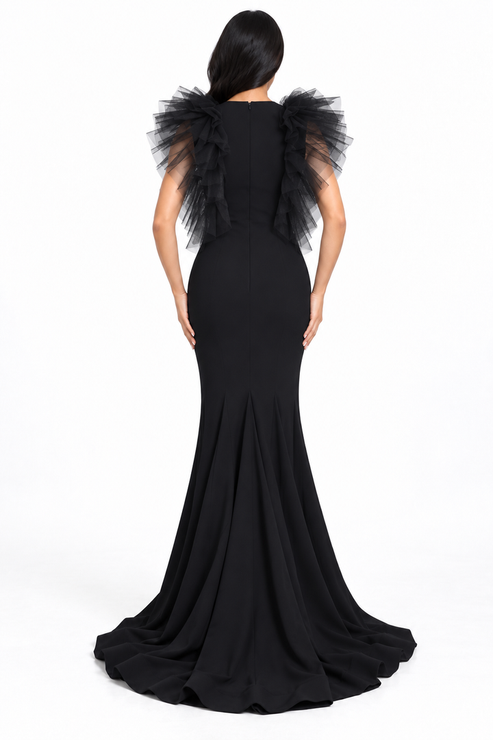 Ruffled Tulle Shoulder Fishtail Maxi Dress – Virella