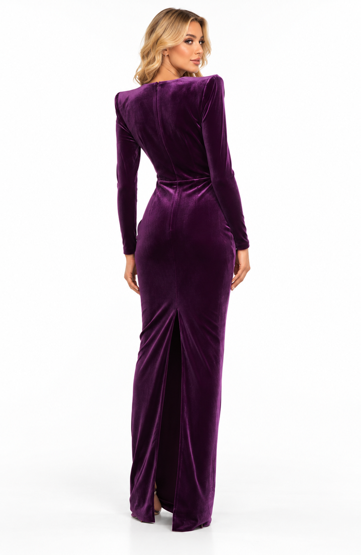 Deep Plum Velvet Structured Shoulder Maxi Dress - Valeria