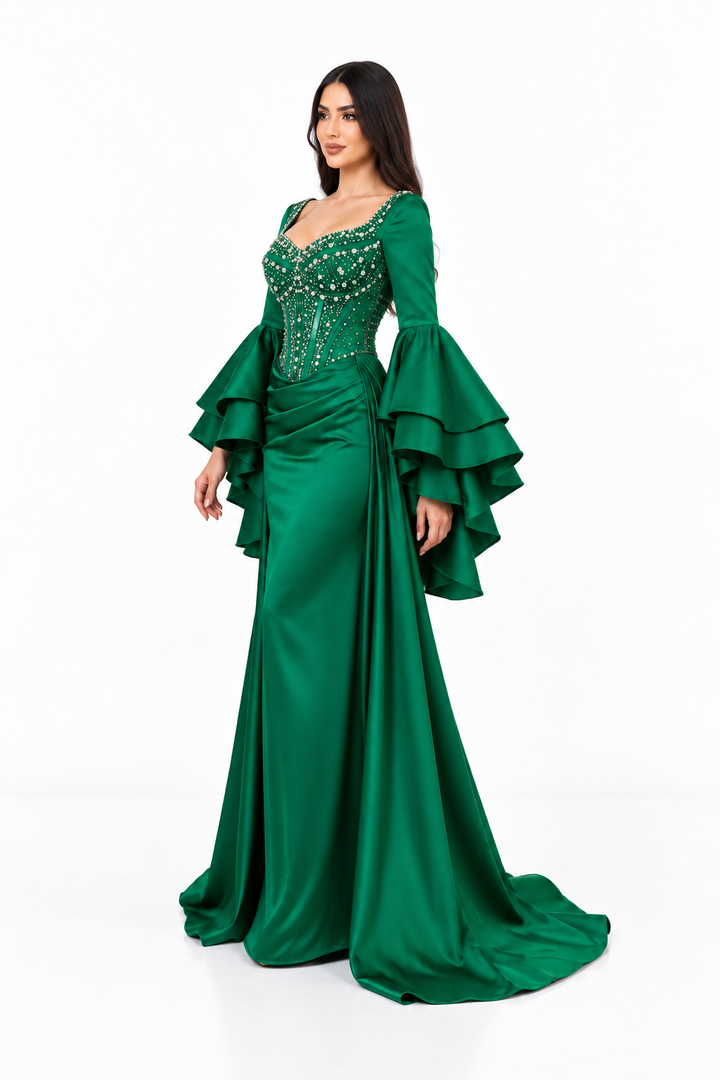 Embellished Corset Bell Sleeve Satin Maxi Dress – Evelisse