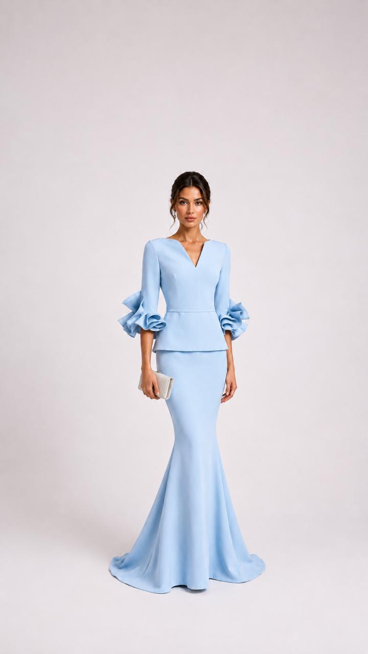 Powder Blue Ruffle Sleeve Peplum Mermaid Dress – AZURELLE