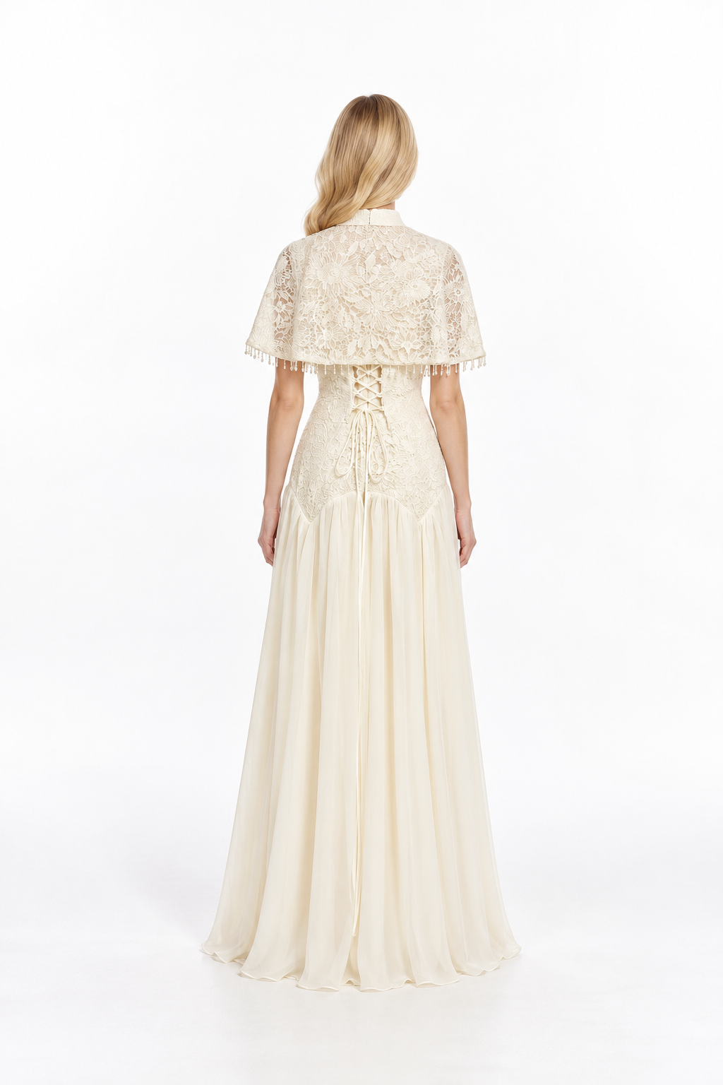 Cape Overlay Embroidered Evening Gown - Elvarine