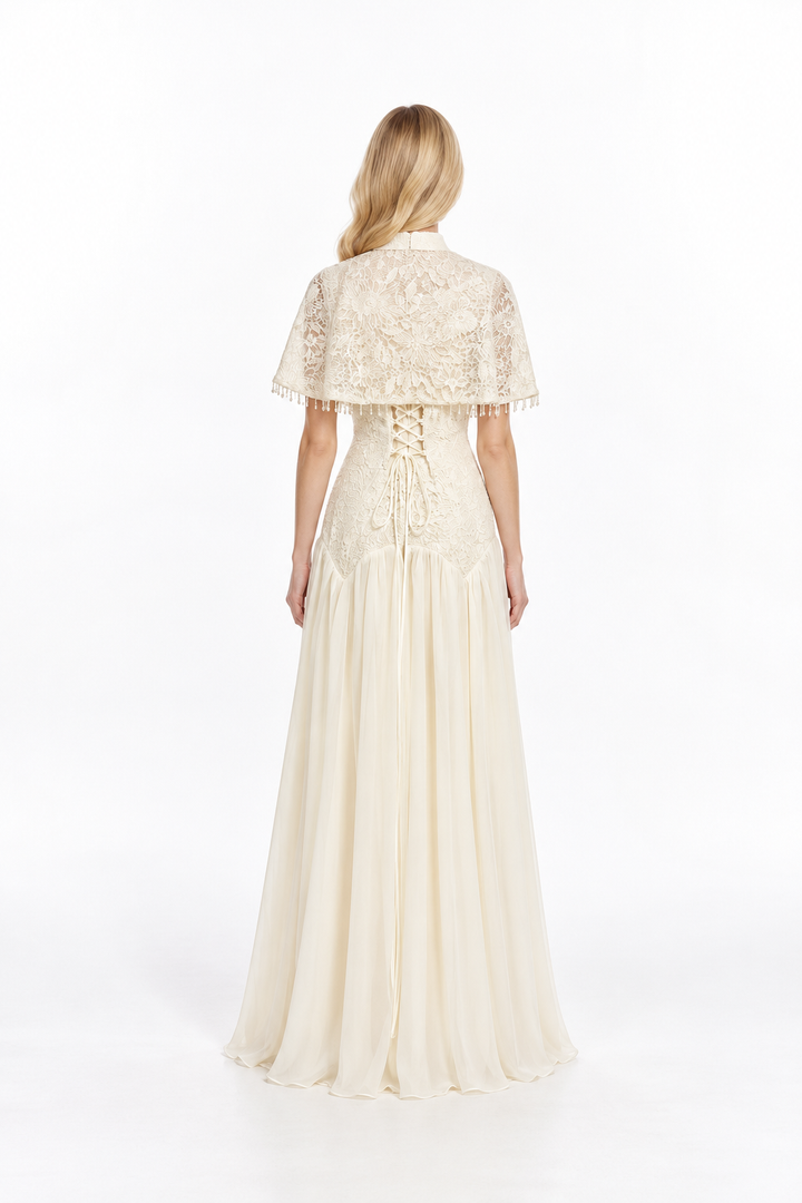 Cape Overlay Embroidered Evening Gown - Elvarine