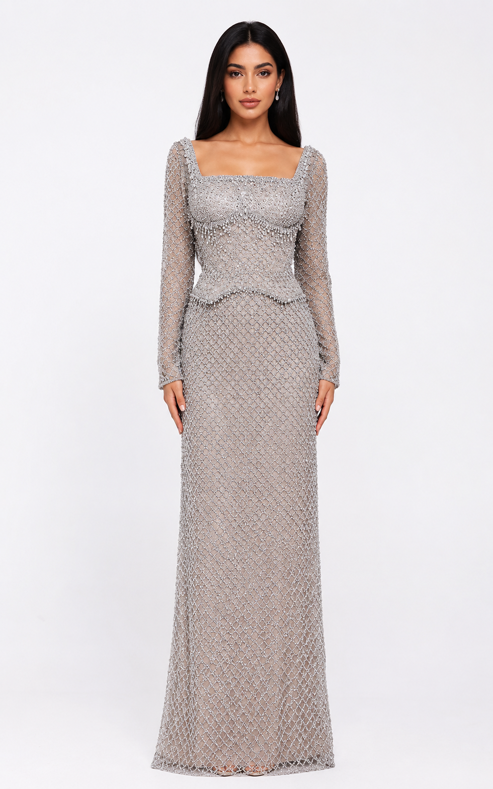 Crystal Beaded Long-Sleeve Gown – CELESTE