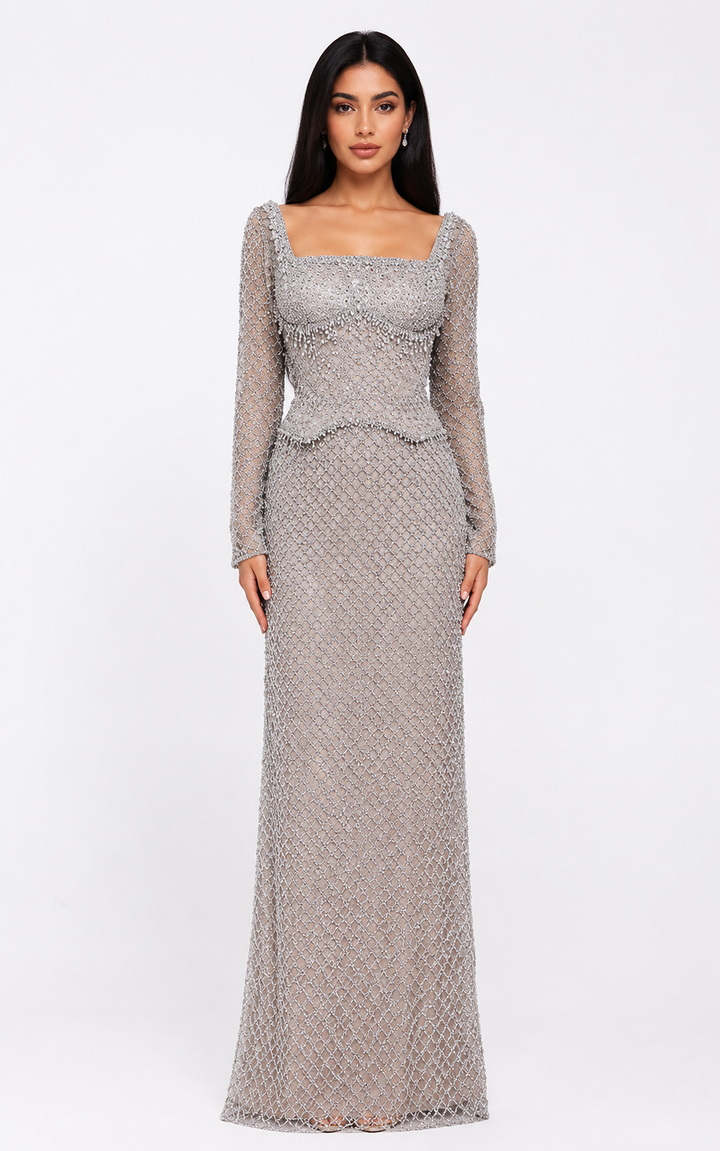 Crystal Beaded Long-Sleeve Gown – CELESTE