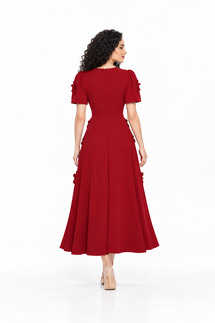 Floral Appliqué Short Sleeve Midi Dress - Carmesia