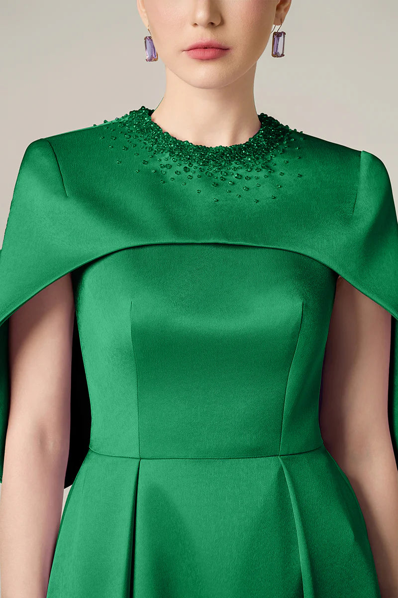 embellished cape gown in emerald satin – VERDELLA