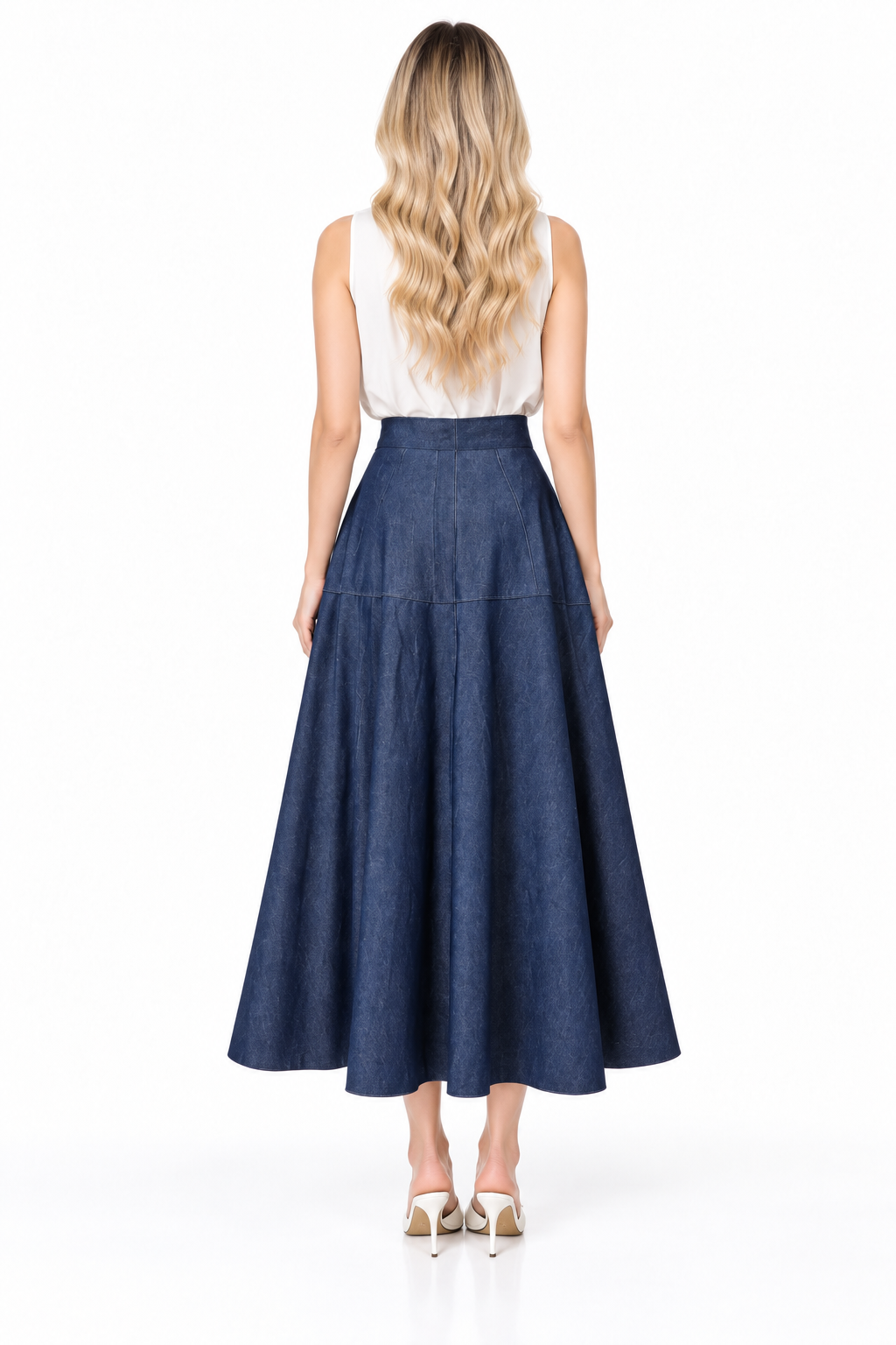 High Waist A-Line Denim Midi Skirt – Navelle
