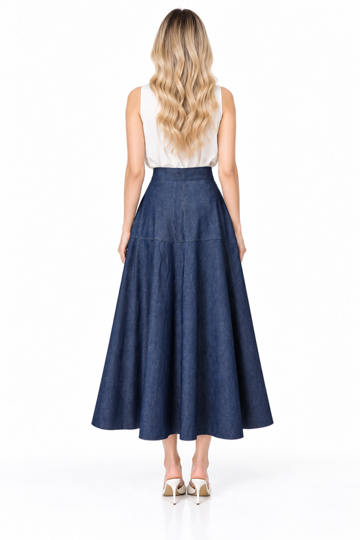 High Waist A-Line Denim Midi Skirt – Navelle