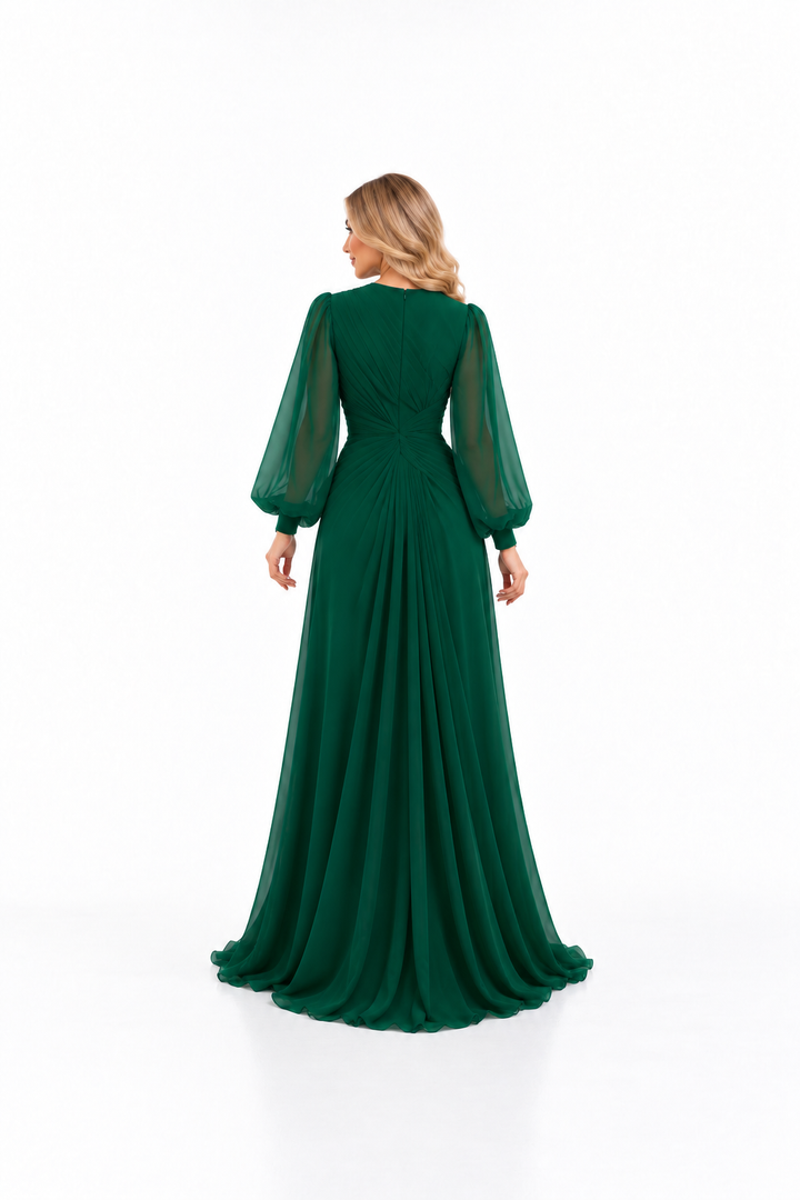 Draped Waist Chiffon Evening - Emeraldine