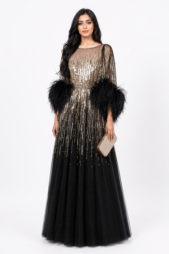 Feather Cuff Sequin Tulle Gown – FUCHSIA