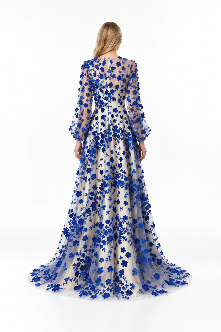 Floral Appliqué Sheer Sleeve Evening Gown - Azurielle