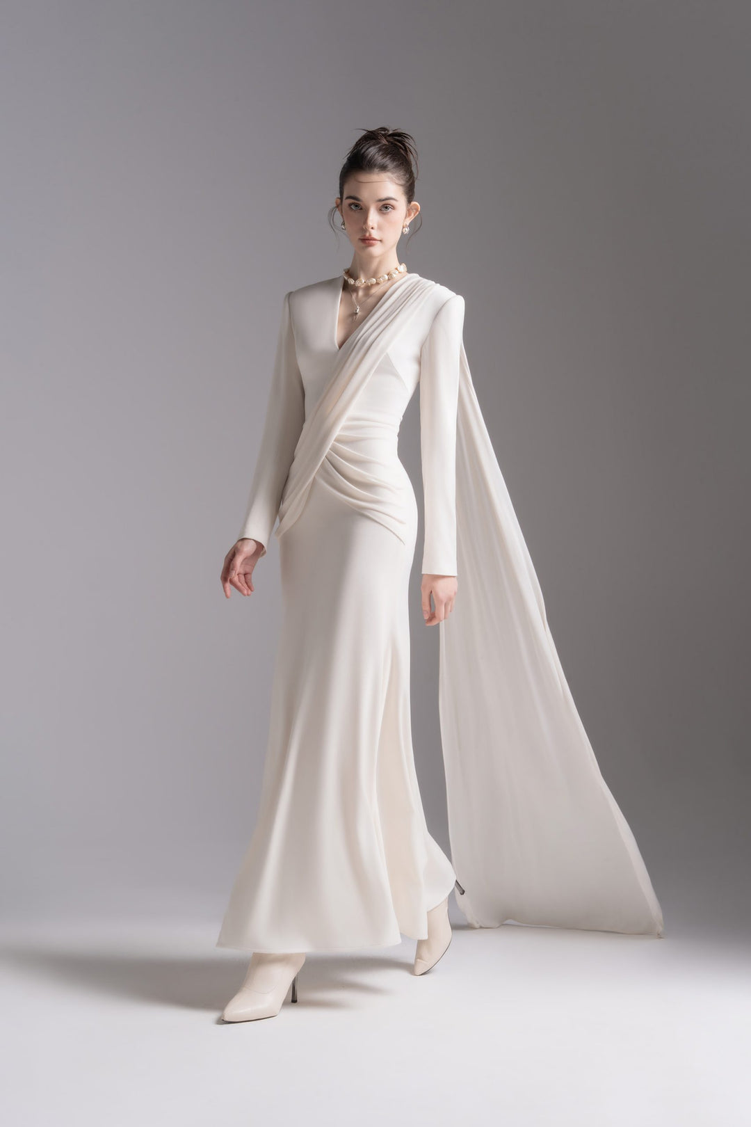 Draped V-neck long-sleeve gown – LAVENYA