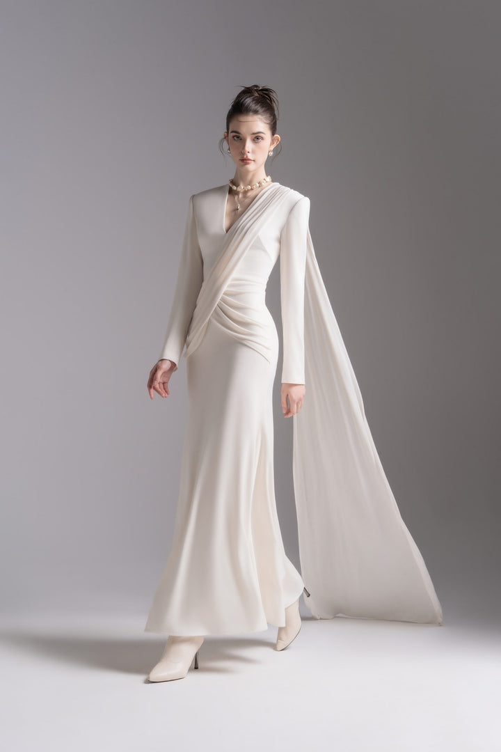 Draped V-neck long-sleeve gown – LAVENYA