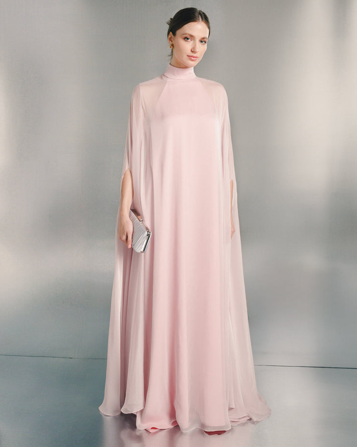 sheer cape maxi gown with high neckline – BLUSH