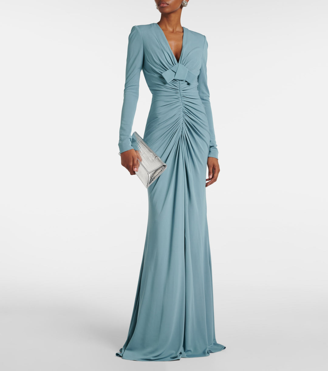 long-sleeve ruched gown with bow detail – ALIINA