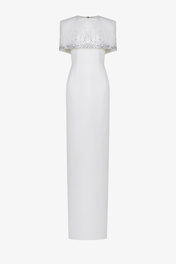 embellished cape-detail column gown – QOLEII