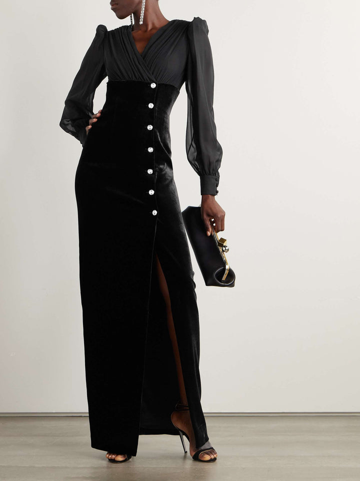 velvet gown with chiffon sleeves and crystal buttons – NOIRE