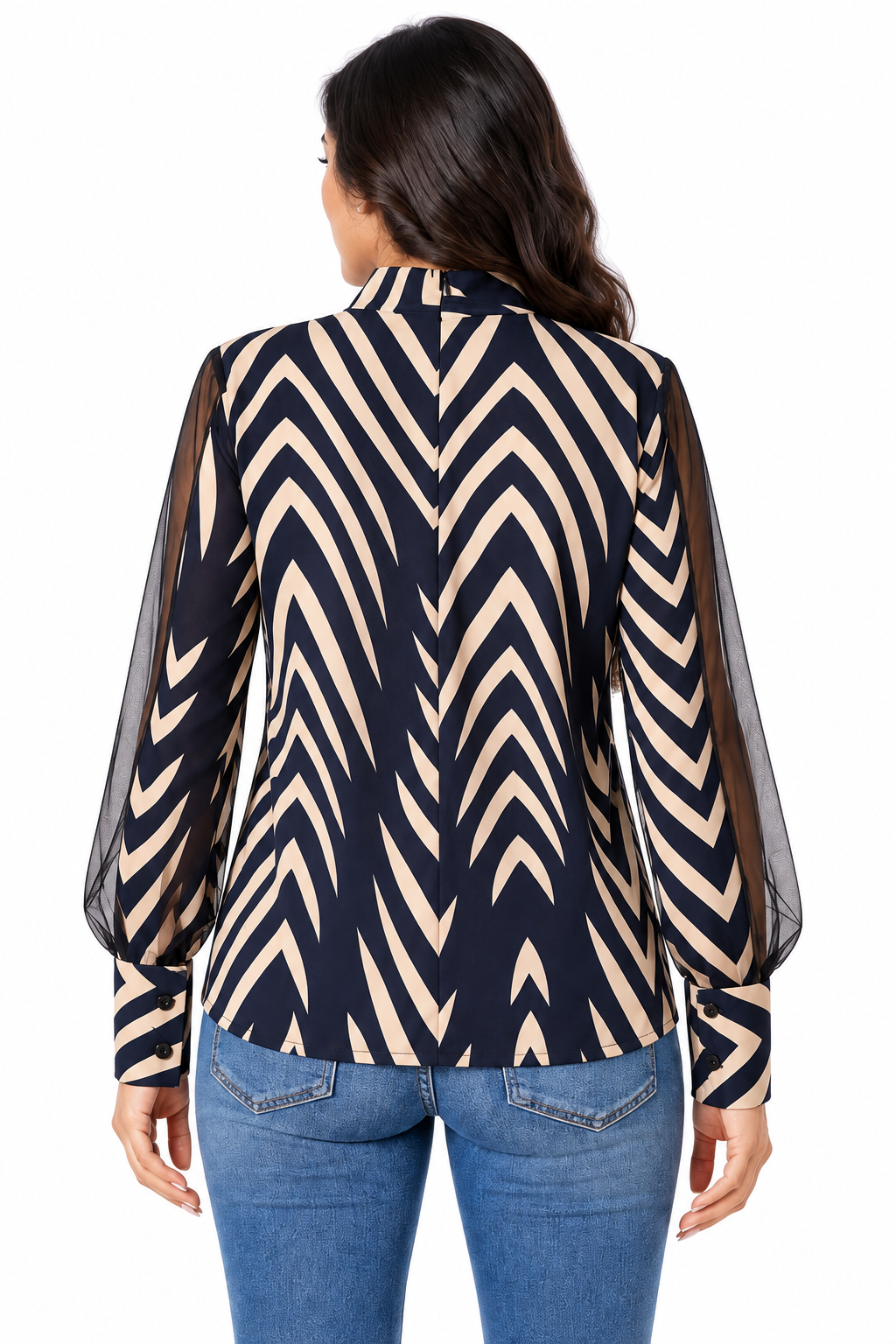 Sheer Sleeve Geometric Print - Blouse