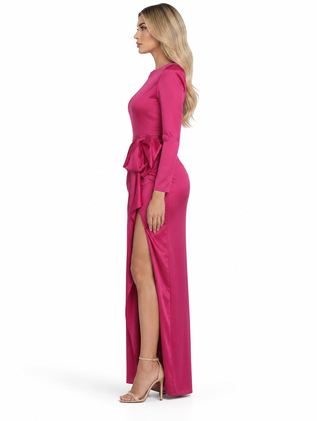 Satin Bow Slit Gown - Fuchsia