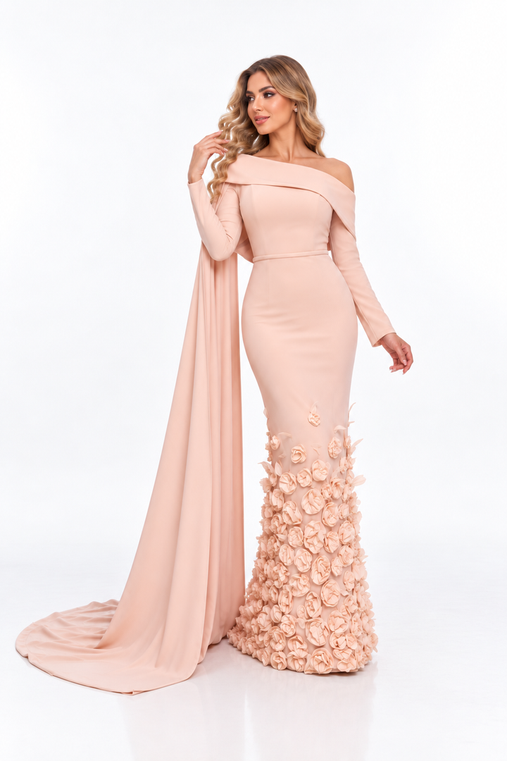 Floral Appliqué One-Shoulder Cape Evening Gown - Blossom