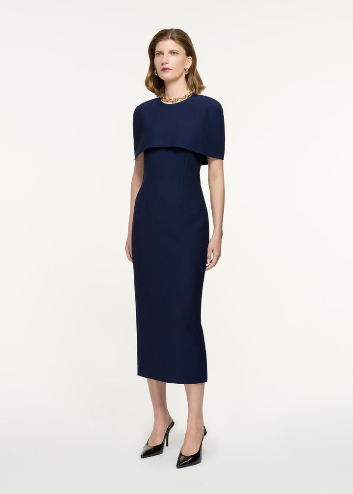 cape-overlay midi dress with structured silhouette – VALENTIA