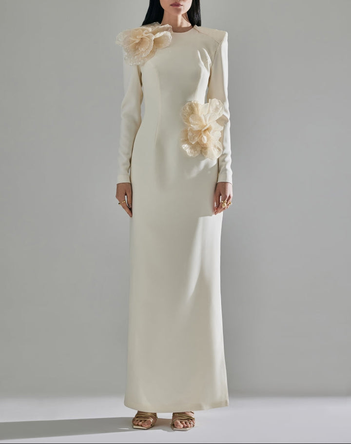 Long-sleeve gown with oversized floral appliqués – IVORINE
