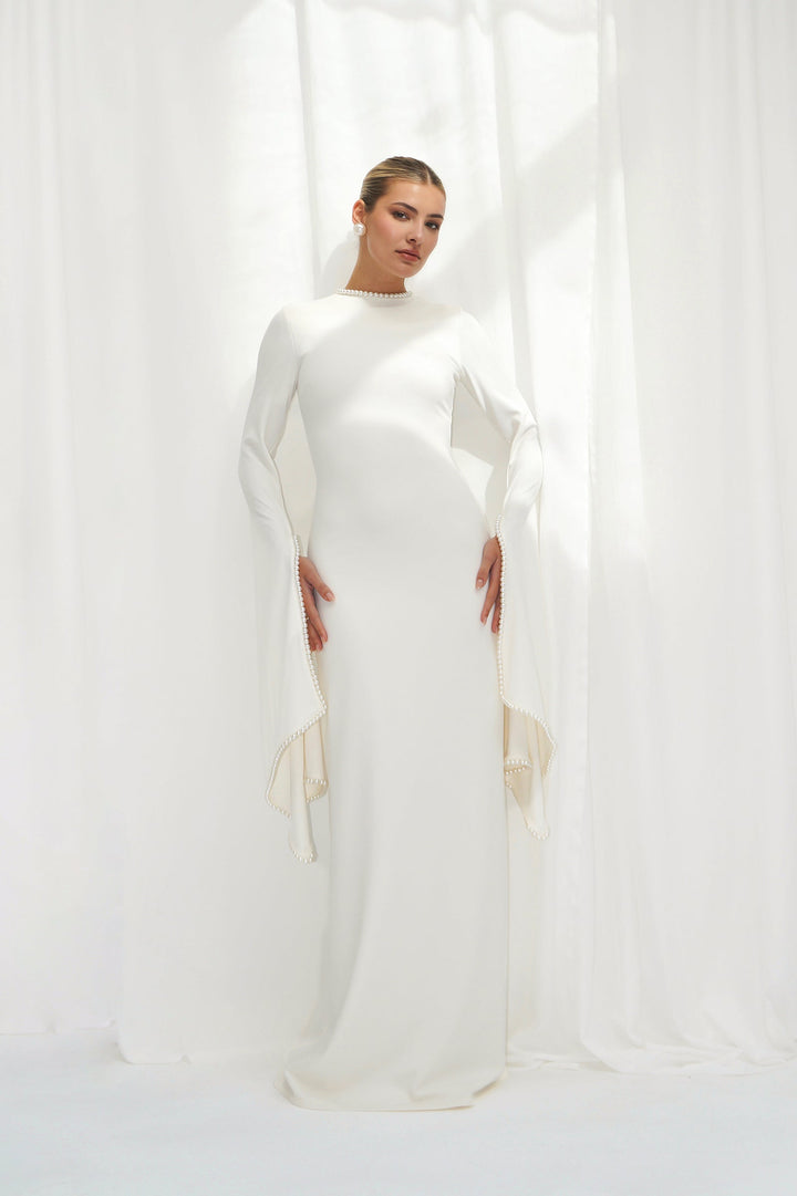 long-sleeve gown with pearl-trimmed flared cuffs – OPHELIA
