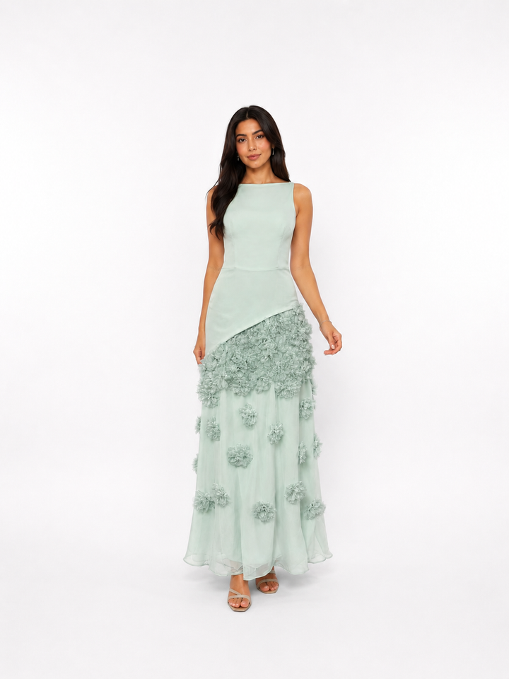 Floral Embellished Mint Evening Gown - SERÉLLE
