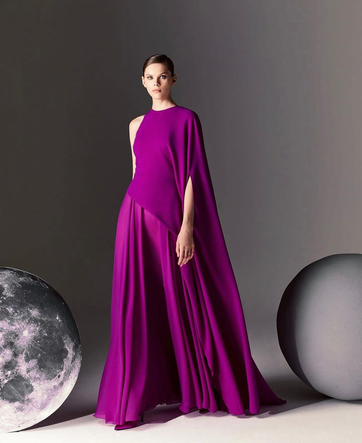 one-shoulder gown with flowing cape – DARIIEN