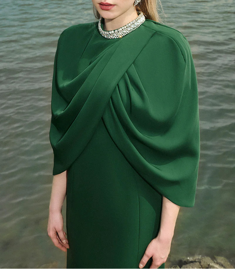 high-neck column gown with draped cape overlay – VERDEH